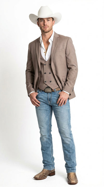 Mens Beige Cowboy Blazer with Double breasted Vest – Western Two Piece Suit Pants included