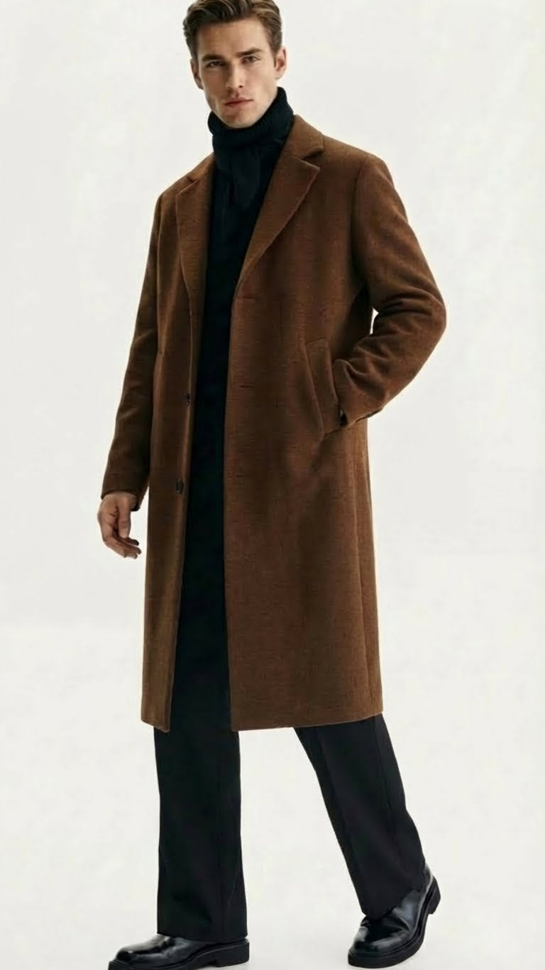 Men’s Brown Long Wool Overcoat – Topcoat Wool Carcoat Three Quarter - Coat Size 38