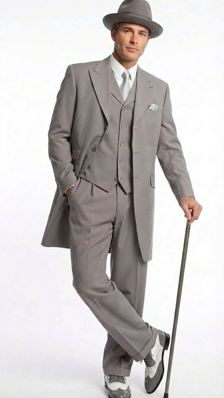 Menâ€™s Gray Zoot Suit with Matching Hat and 1920s Shoes | Grey Vintage Wedding and Party Three Piece Suit - Gray