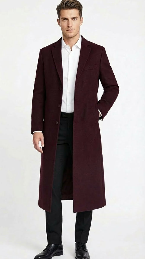 Mens Burgundy Long Coat Classic Fit Wool Blend Overcoat - Topcoat Full length