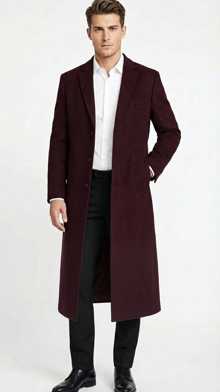 Men’s Burgundy Long Coat – Classic Fit Wool Blend Overcoat - Topcoat Full length - Coat Size 38
