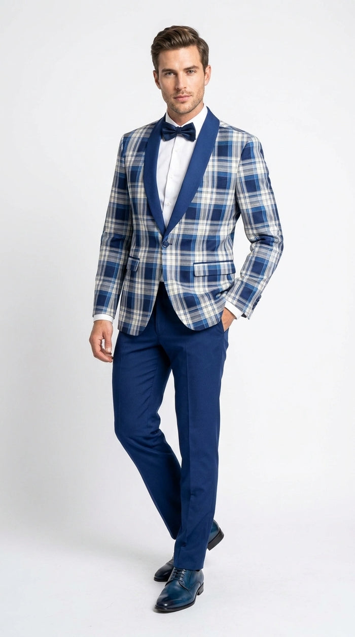 Men’s Tartan Blue Plaid and Solid Blue Tuxedo – Modern Check Pattern Formal Suit for New Year - Christmas - Holiday Jacket with Pants