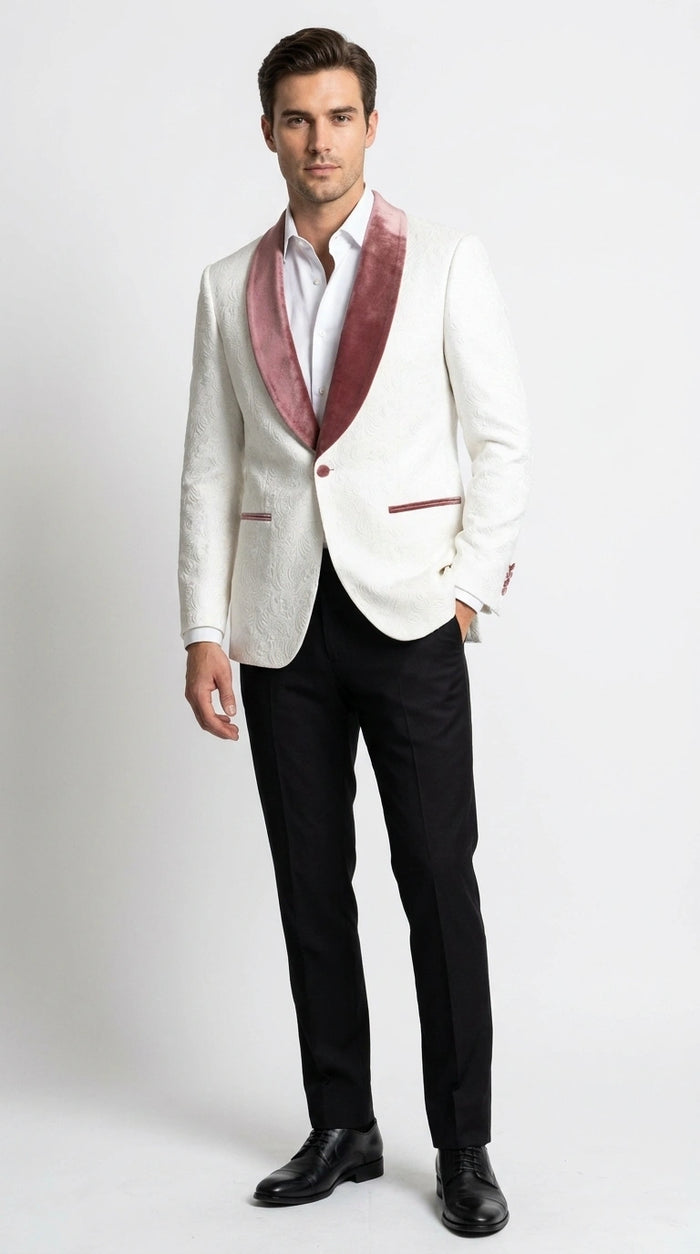 Men’s Ivory and Rose gold Floral Blazer – Elegant Shawl Lapel Formal Blazer Jacket for Wedding, Party, Prom