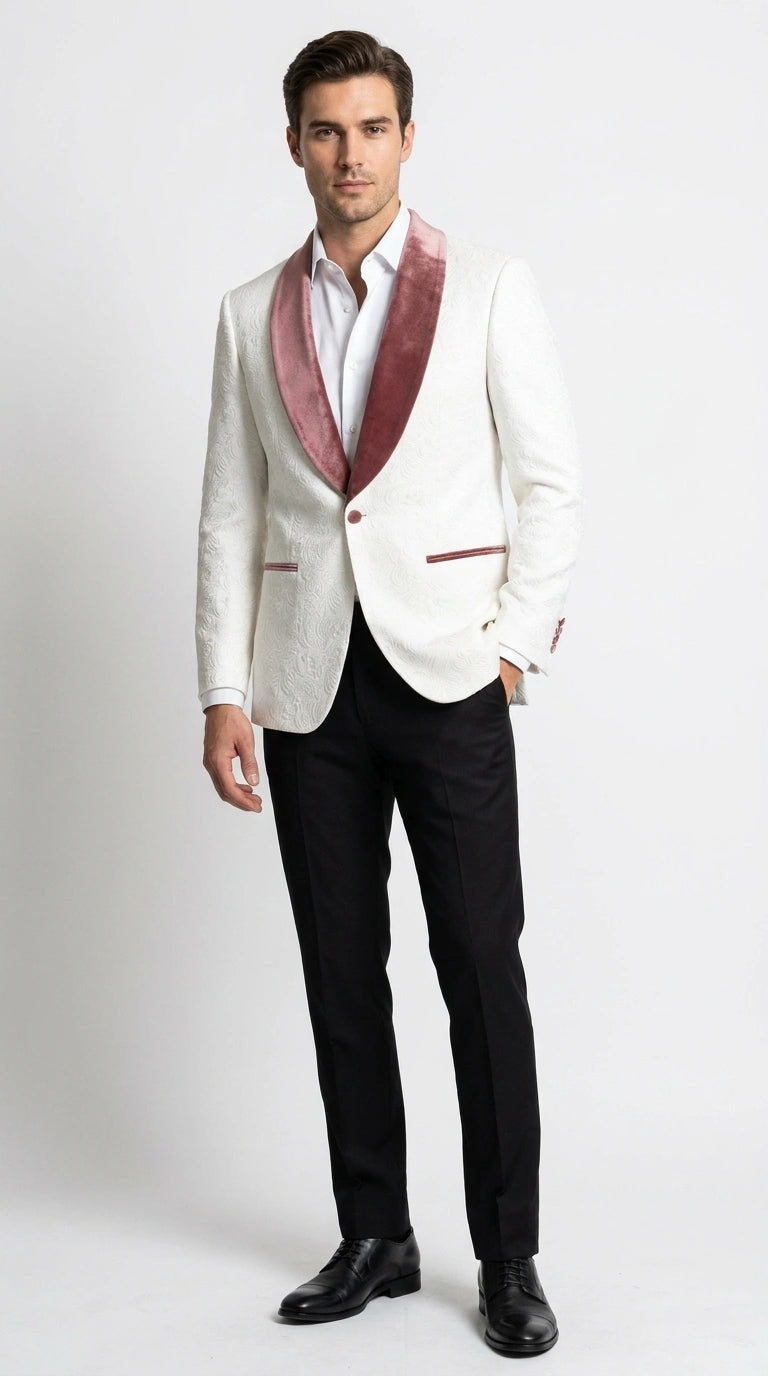 Men’s Ivory and Rose gold Floral Blazer – Elegant Shawl Lapel Formal Blazer Jacket for Wedding, Party, Prom - 36 Short