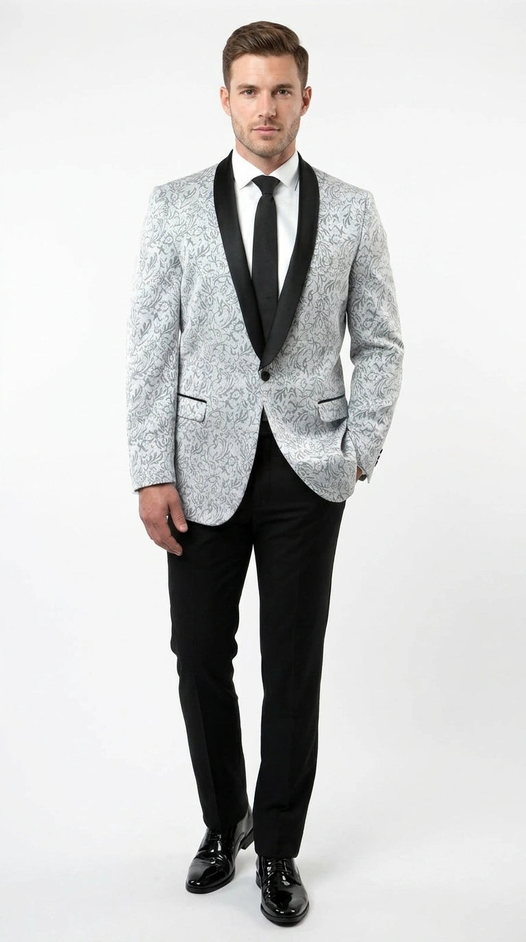 Men’s Silver and Black Floral Blazer – Elegant Formal Tuxedo Style Blazer Jacket for Wedding, Party, Prom and Evening Wear - 36R