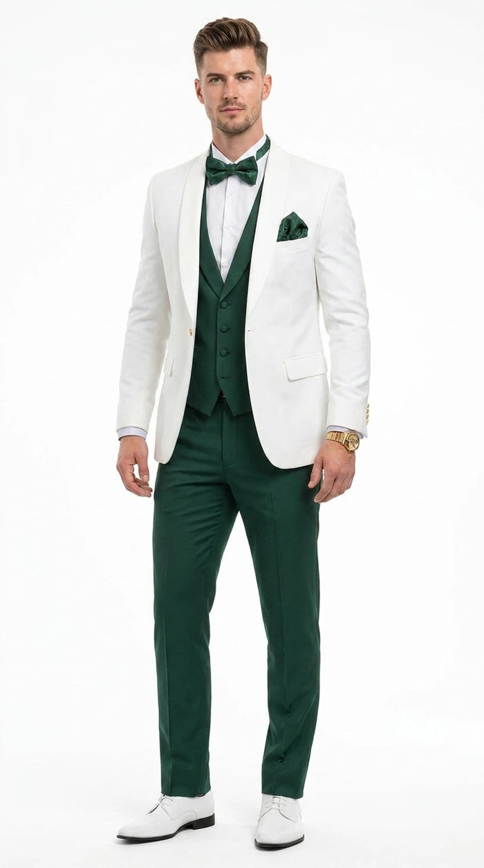 Men’s White and Hunter Green 3 Piece Suit – Elegant Formal Suit with Vest, Wedding Tuxedo Suit for Prom and Party Wear
