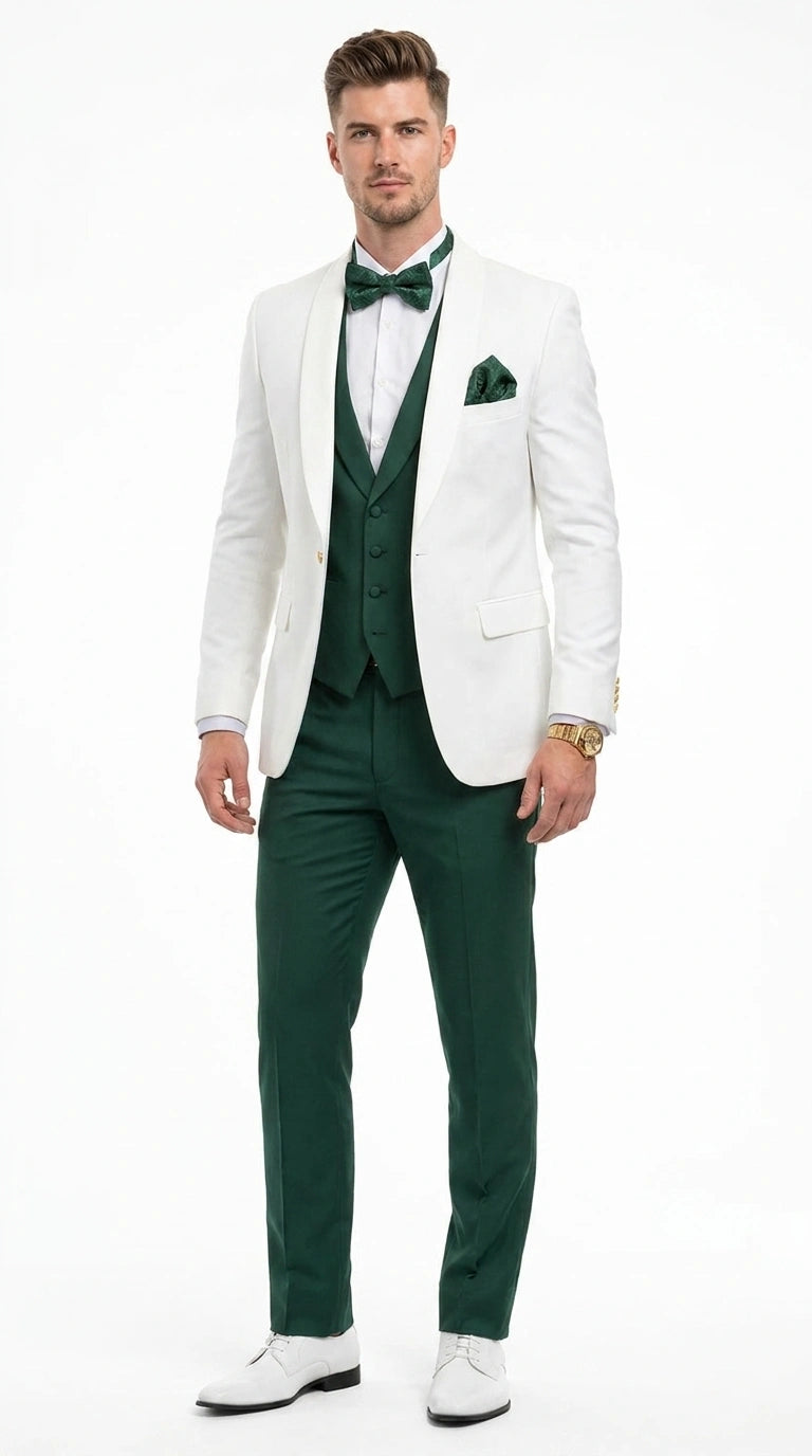 Men’s White and Hunter Green 3 Piece Suit – Elegant Formal Suit with Vest, Wedding Tuxedo Suit for Prom and Party Wear - 34 Short or Extra Small