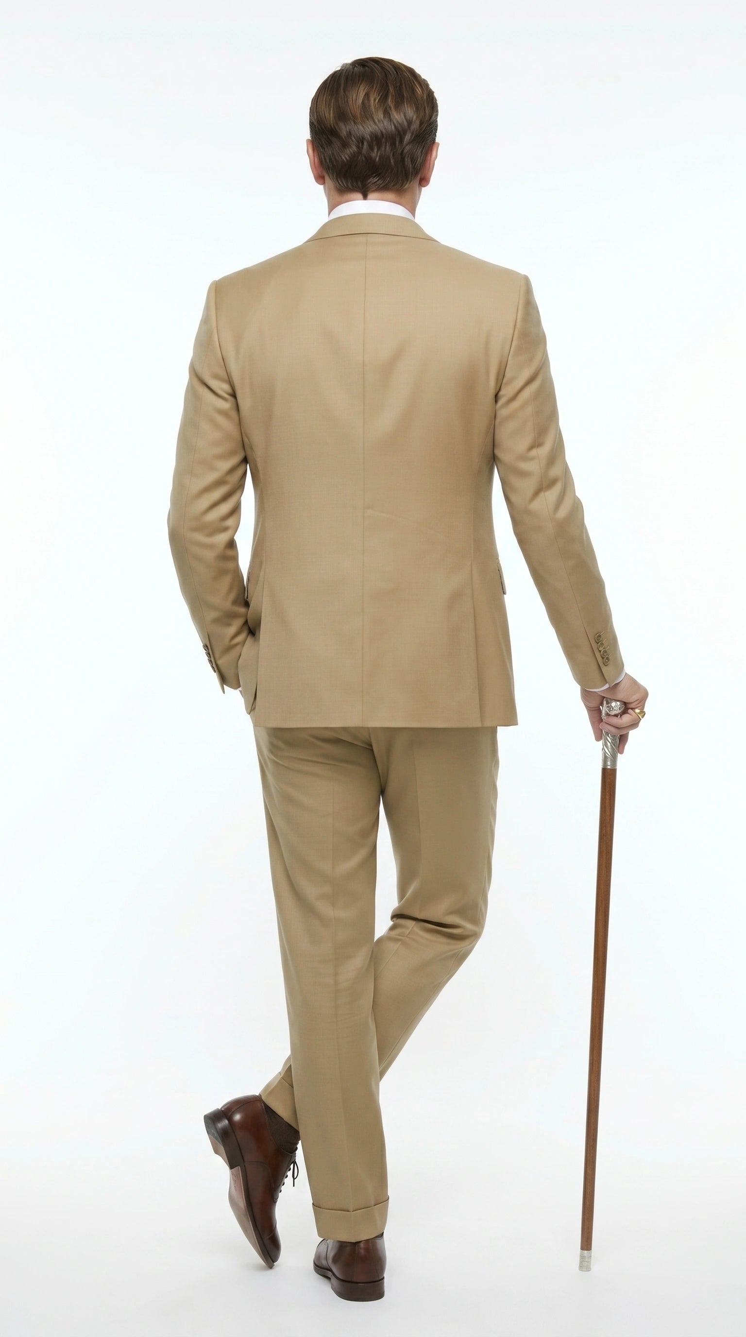 Men’s Khaki 3 Piece Suit with Patterned Vest, Great Gatsby Inspired Formal Suit for Weddings, Mardi Gra in Tan Camel Color - 34 Short or Extra Small