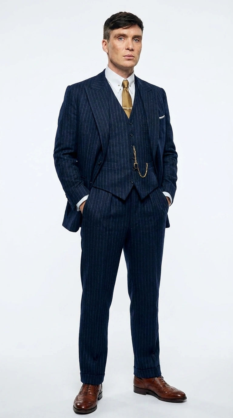 Men’s Navy Blue Pinstripe 3 Piece Suit, Thomas Shelby Inspired Vintage Formal Suit for Weddings, Parties, Prom, and Special Events - 34 Short or Extra Small