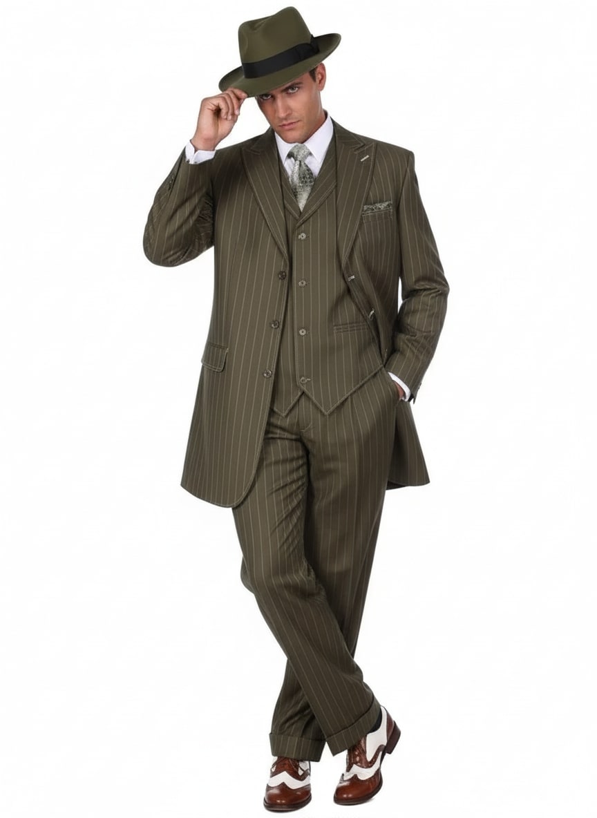 Mens Olive Green Pinstripe Zoot Suit – 1920s Gangster Vintage 3-Piece Suit for Formal and Themed Events - 34 Short or Extra Small
