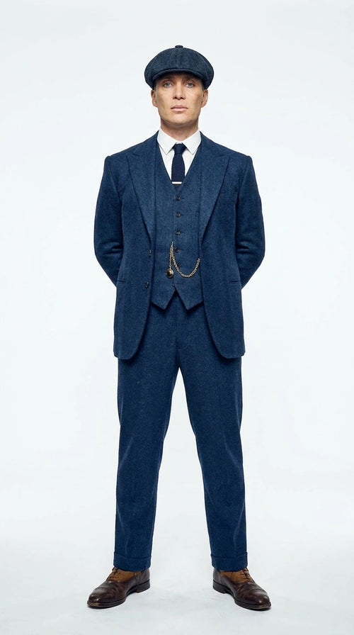 Men’s Blue 3 Piece Suit, Thomas Shelby Inspired Vintage Formal Suit Herringbone Tweed 1920s fabric