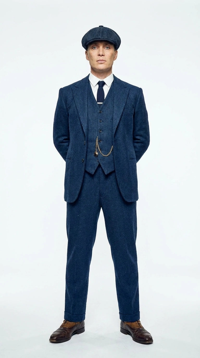 Men’s Blue 3 Piece Suit, Thomas Shelby Inspired Vintage Formal Suit Herringbone Tweed 1920s fabric - 34 Short or Extra Small