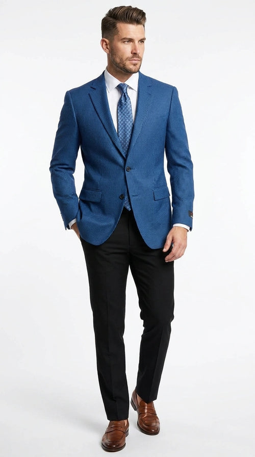 Men’s Blue Houndstooth Blazer Jacket, Check Pattern Formal Sport Coat for Weddings, Prom, Parties, and Special Occasions