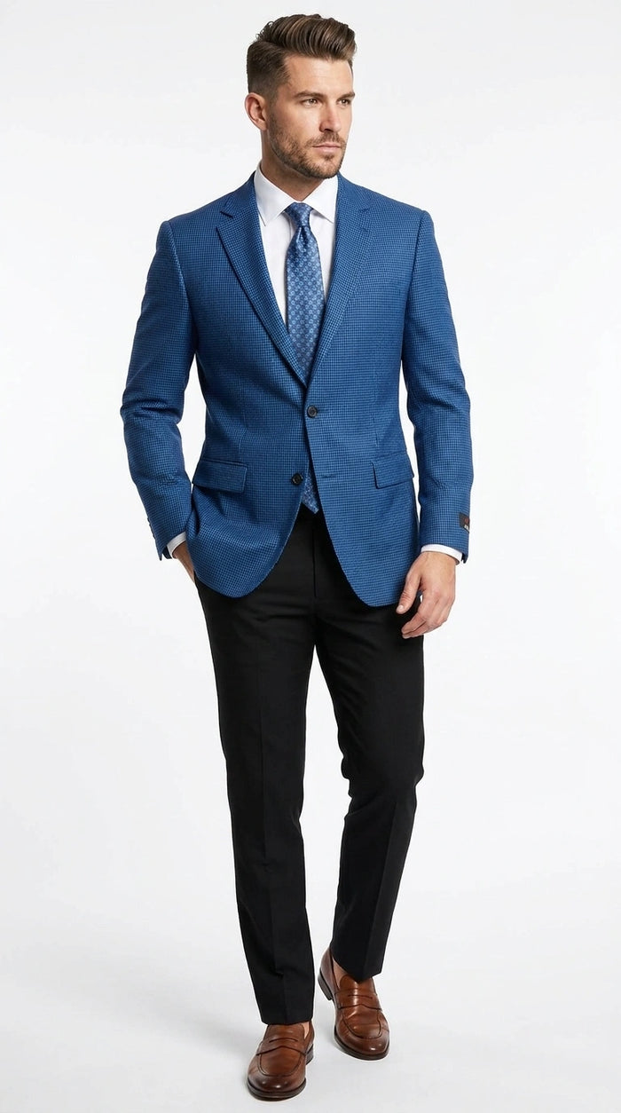 Men’s Blue Houndstooth Blazer Jacket, Check Pattern Formal Sport Coat for Weddings, Prom, Parties, and Special Occasions