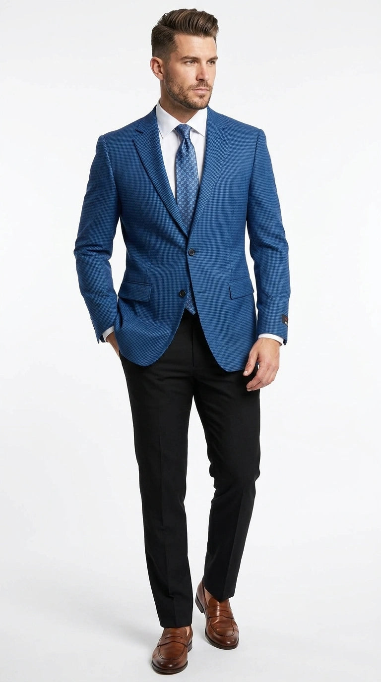 Men’s Blue Houndstooth Blazer Jacket, Check Pattern Formal Sport Coat for Weddings, Prom, Parties, and Special Occasions - 36 Short