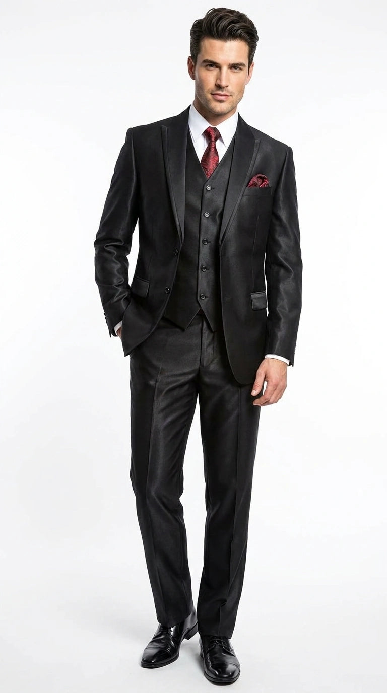 Men’s Black Shiny 3 Piece Tuxedo Groom Suit, Formal Vest Suit for Weddings, Prom, Black Tie Events, Black Lapel - 34 Short or Extra Small