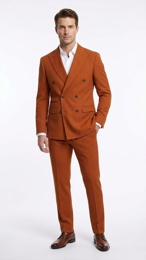 Vitali Brand Mens Burnt Orange Double Breasted Suit in Rust Brick Copper Color