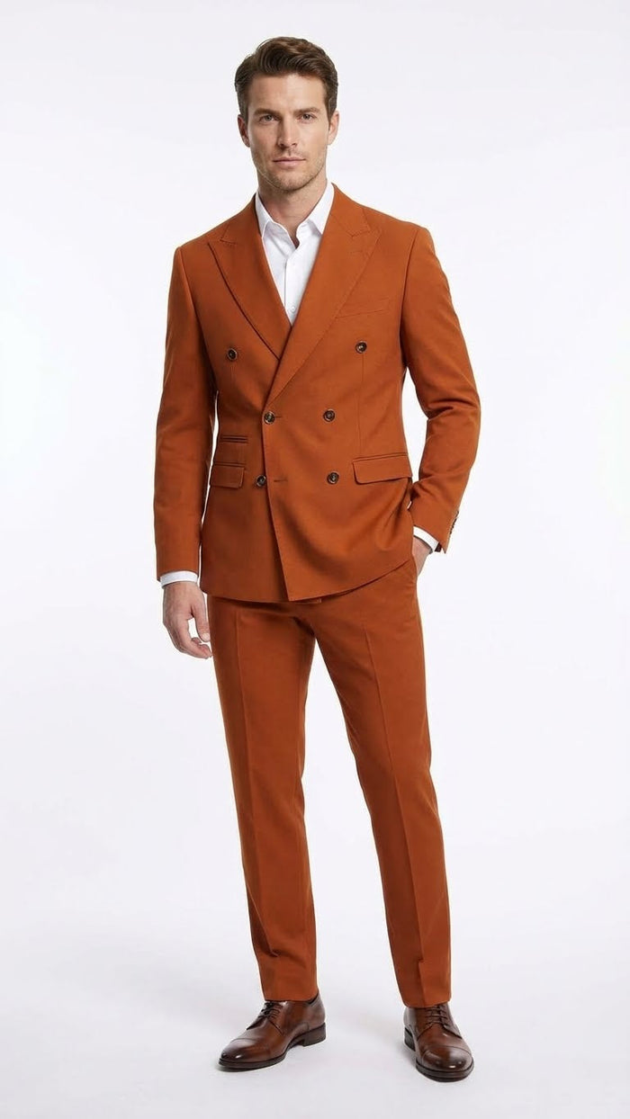 Vitali Brand Mens Burnt Orange Double Breasted Suit in Rust Brick Copper Color