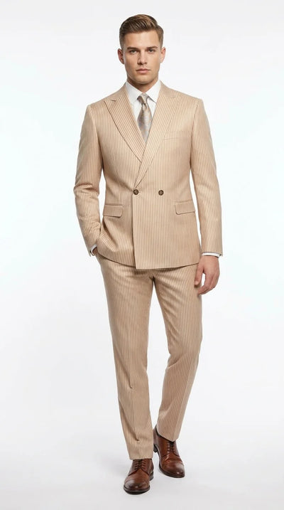 Vitali Men’s Tone on Tone Beige Pinstripe 2 Piece Suit, Double Breasted Summer Dress Suit for Weddings, Tan Beige Shadow Pinstripe