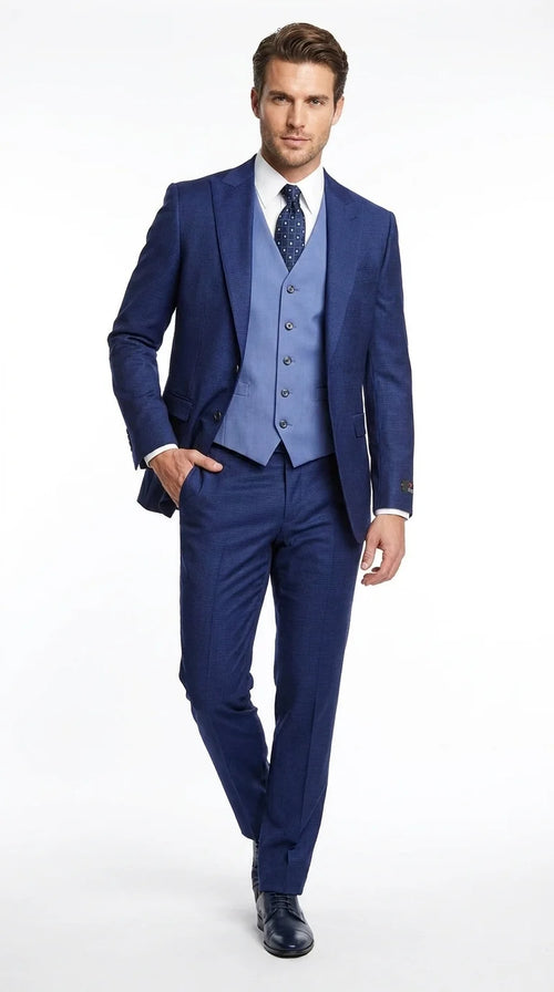 Vitali Men’s Navy Blue 3 Piece Suit with Light Blue Vest, Textured Formal Dress Suit for Weddings, Prom, Business Events, and Parties