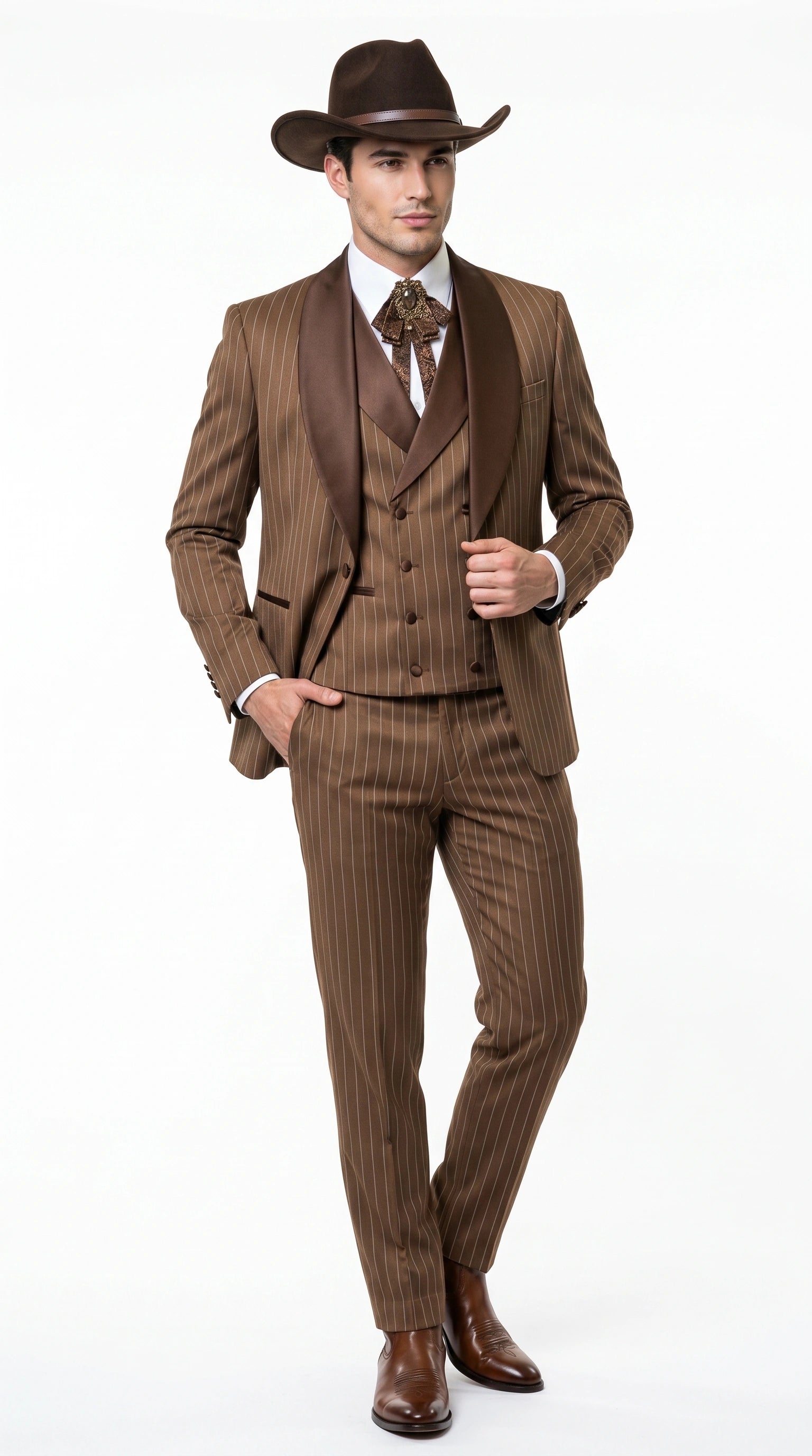 Men’s Brown Pinstripe Western Cowboy Tuxedo, Contrast Shawl Lapel Formal Suit for Weddings, Prom, Parties, and Special Occasions - 34 Short or Extra Small