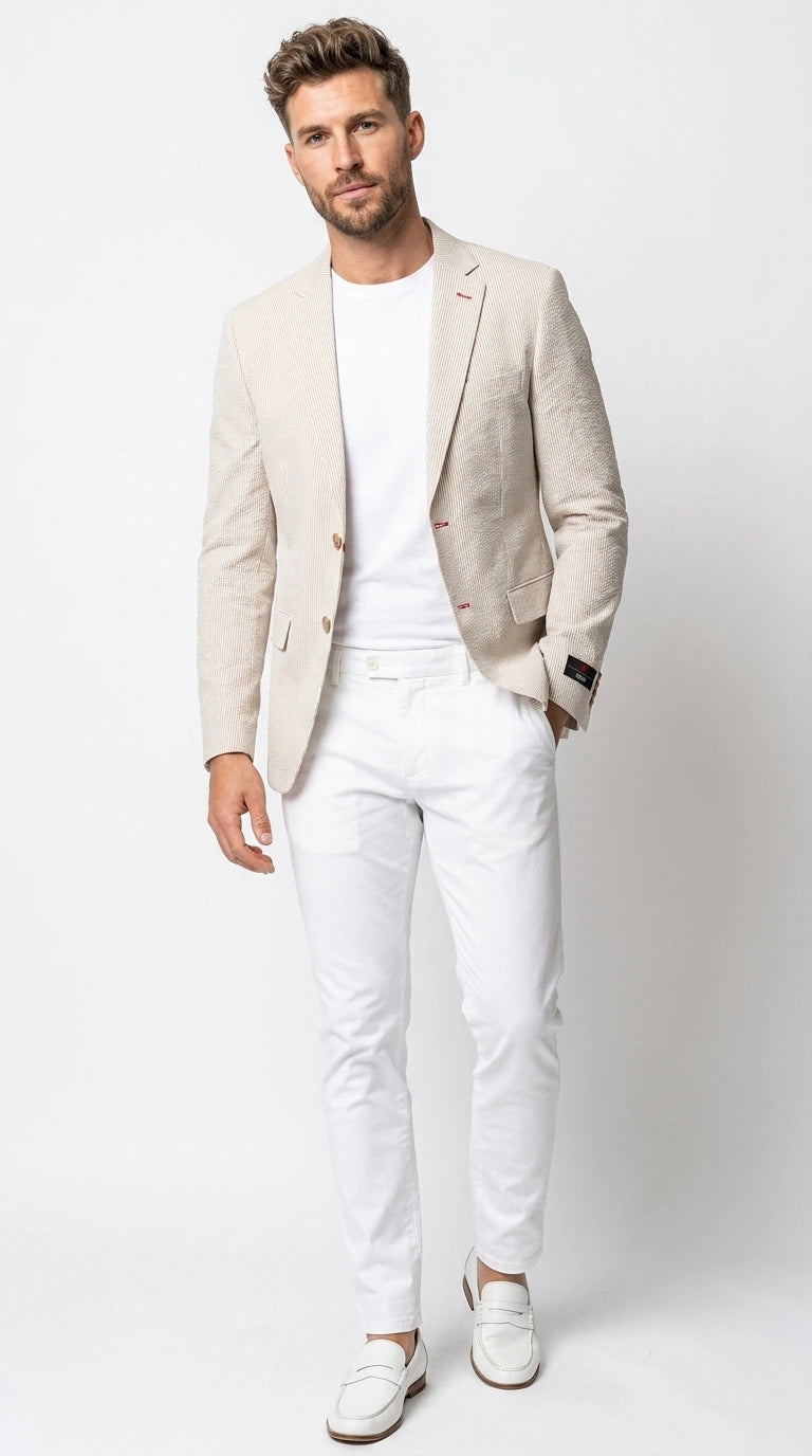 Men’s Beige Seersucker Summer Blazer, Lightweight Striped Sport Coat for Weddings, Parties, Beach Events in Tan Color - 36 Short