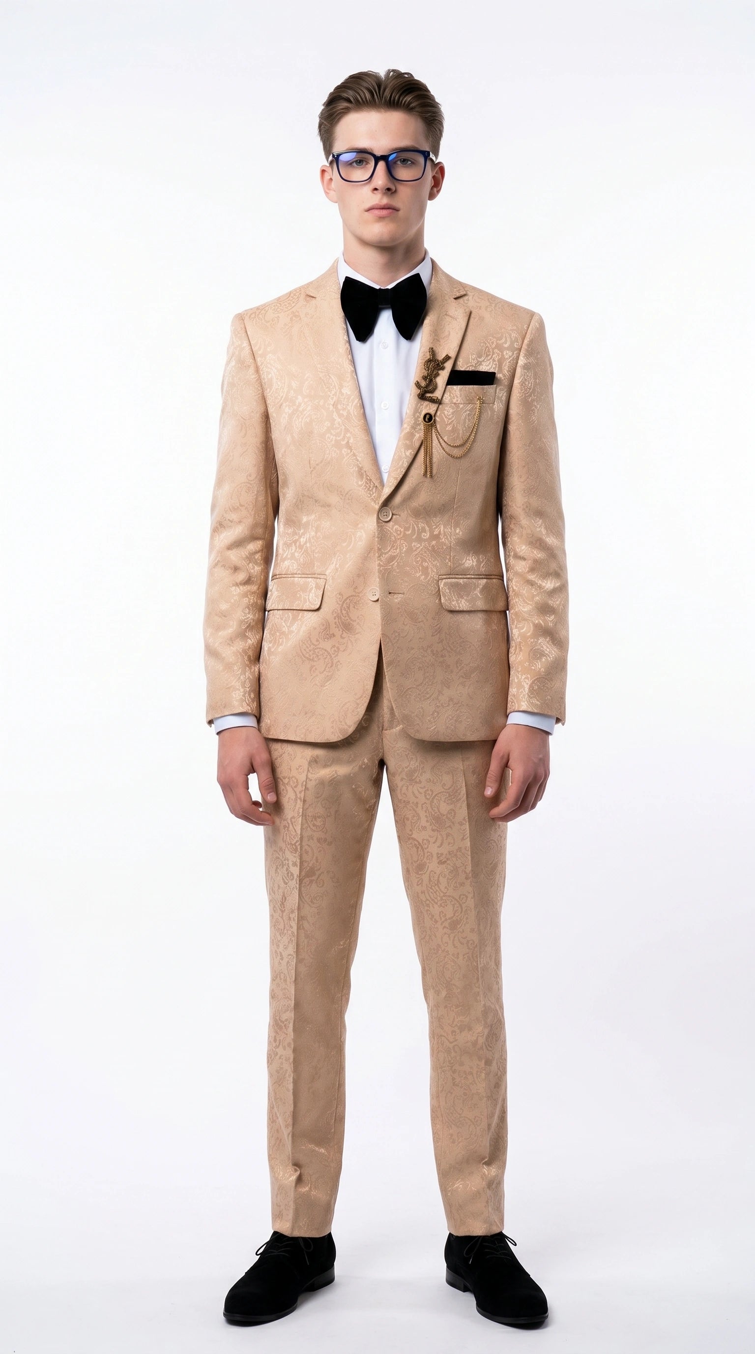 Men’s Champagne Gold Paisley Prom Tuxedo, Formal Dinner Suit for Prom, Weddings, Parties in Tan Color - 34 Short or Extra Small