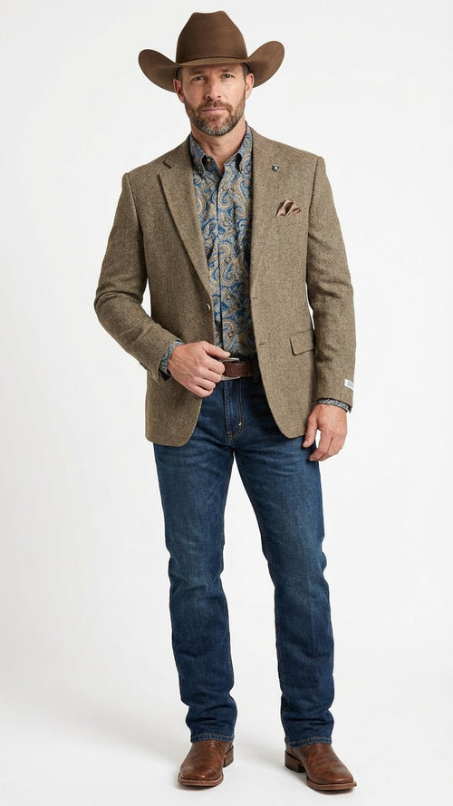 Mens Brown Taupe Western Blazer Jacket Classic Cowboy Style Sport Coat for Wedding