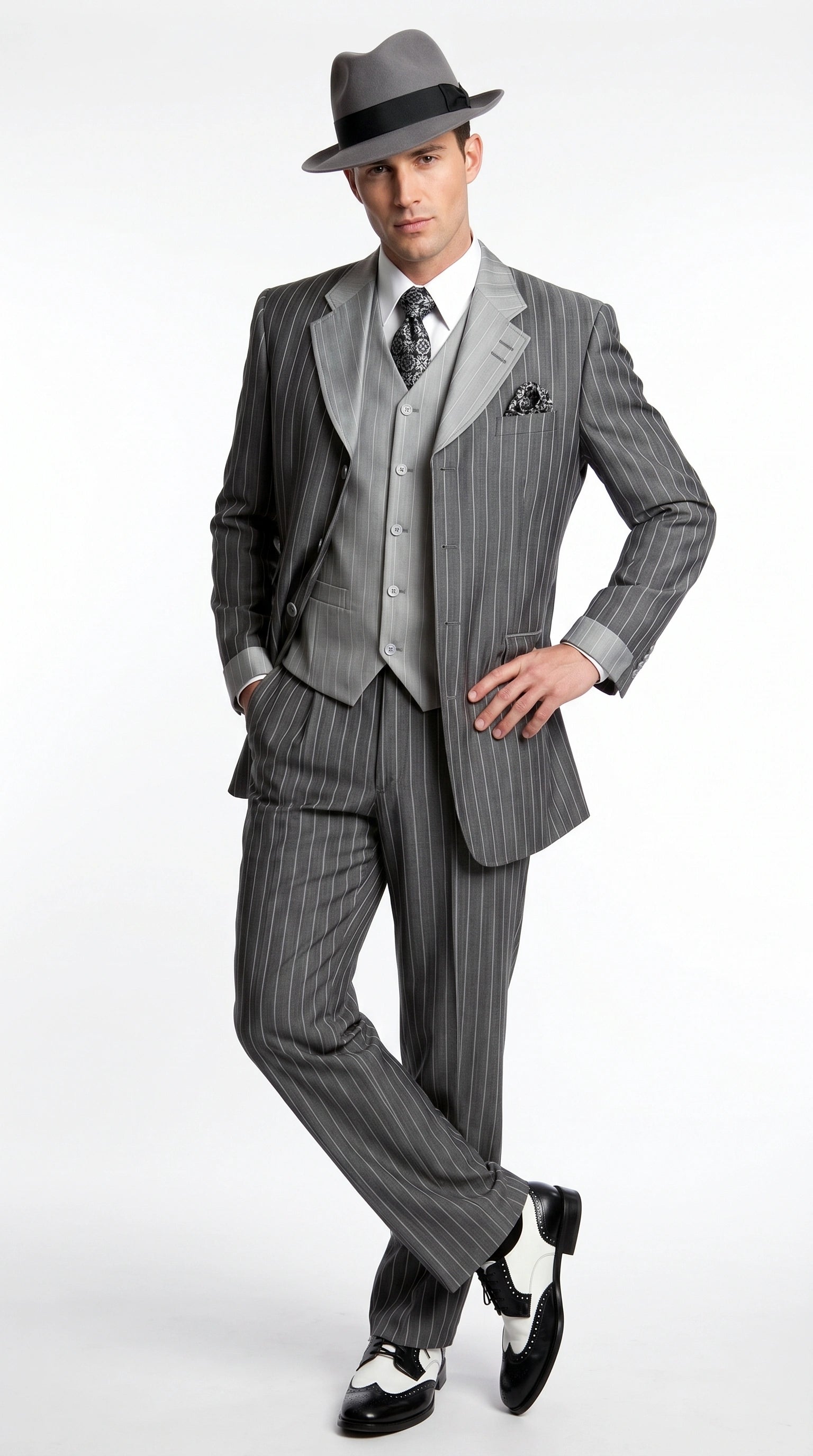 Men’s Grey Pinstripe 1920s Gangster 3 Piece Suit, Contrast Lapel Vintage Formal Suit for Parties, Prom, Weddings, and Theme Events - 34 Short or Extra Small
