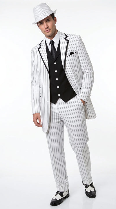 Men’s White Pinstripe 1920s Gangster 3 Piece Suit, Black Contrast Formal Costume Suit for Parties, Prom, Weddings, and Theme Events