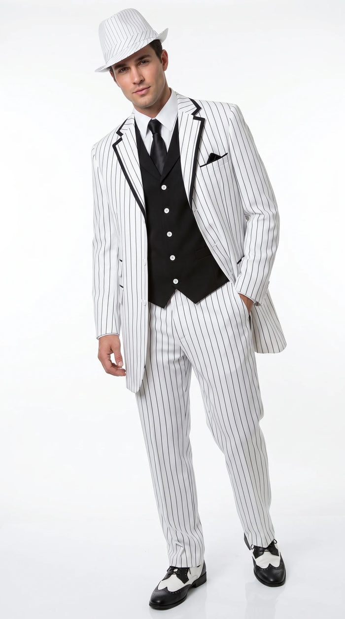 Men’s White Pinstripe 1920s Gangster 3 Piece Suit, Black Contrast Formal Costume Suit for Parties, Prom, Weddings, and Theme Events