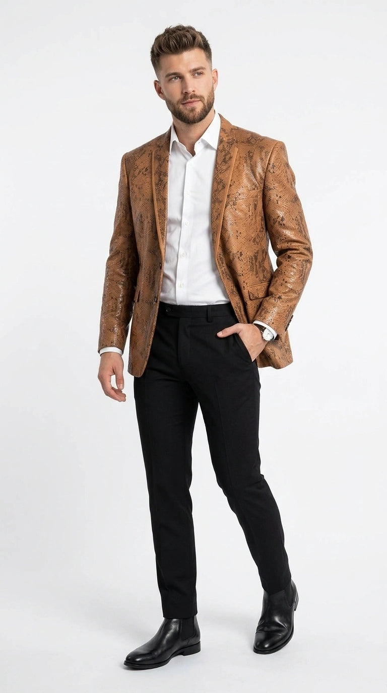 Men’s Tan Snakeskin Print Blazer, Brown Sport Coat Camel Alligator Crocodile Animal Print leopard Jacket - 36 Short
