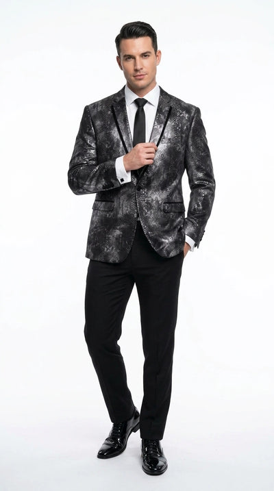 Men’s Black and Charcoal Gray Snakeskin Print Blazer, Animial Exotic Skin Alligator Crocodile Texture