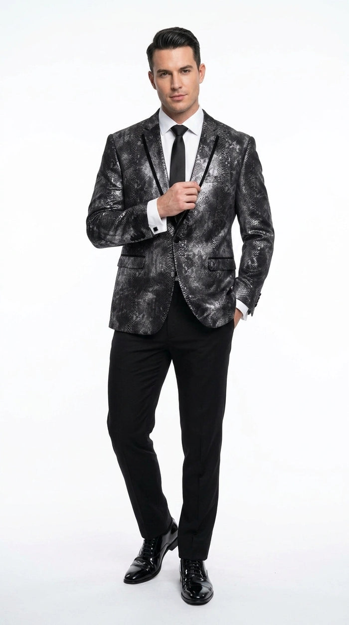 Men’s Black and Charcoal Gray Snakeskin Print Blazer, Animial Exotic Skin Alligator Crocodile Texture