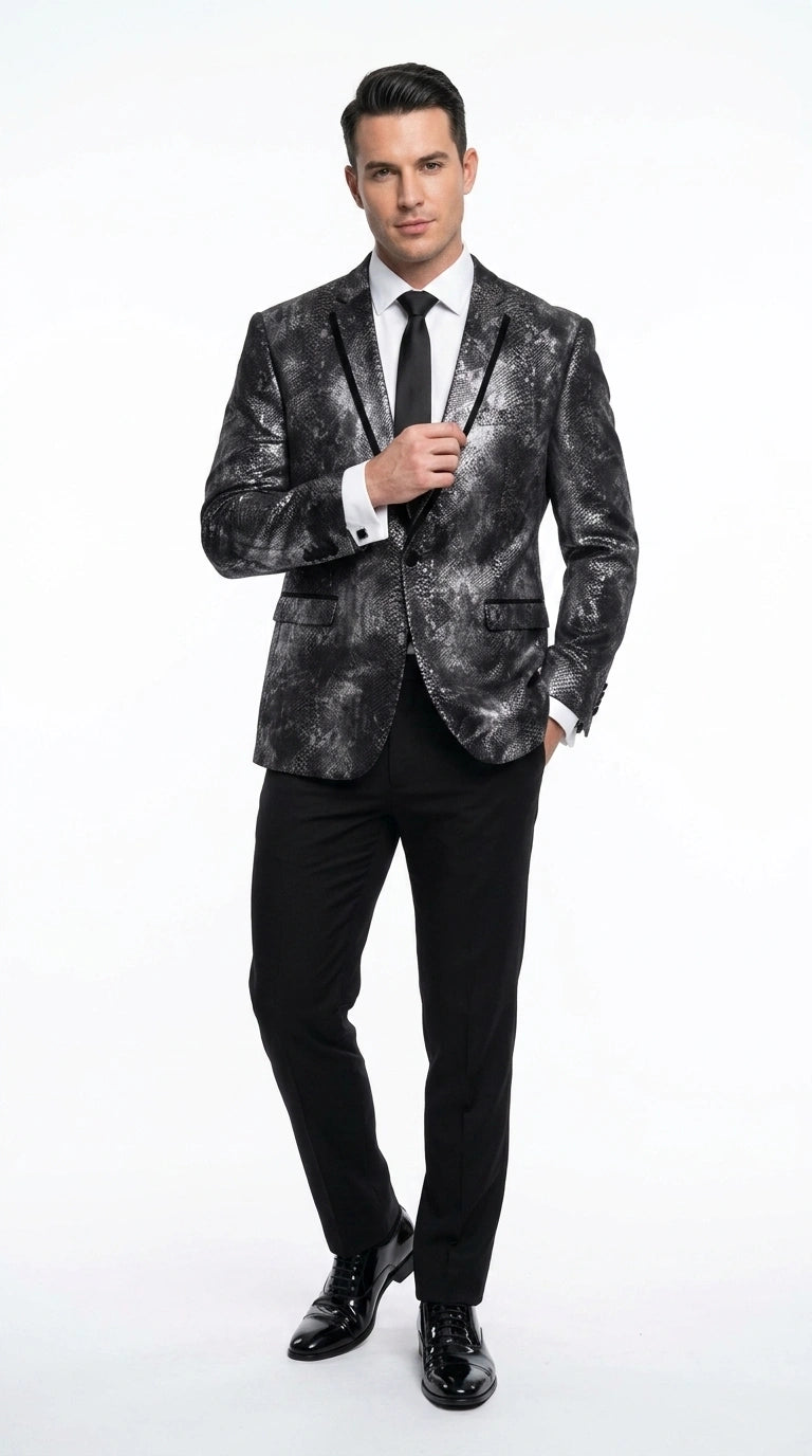 Men’s Black and Charcoal Gray Snakeskin Print Blazer, Animial Exotic Skin Alligator Crocodile Texture - 36 Short