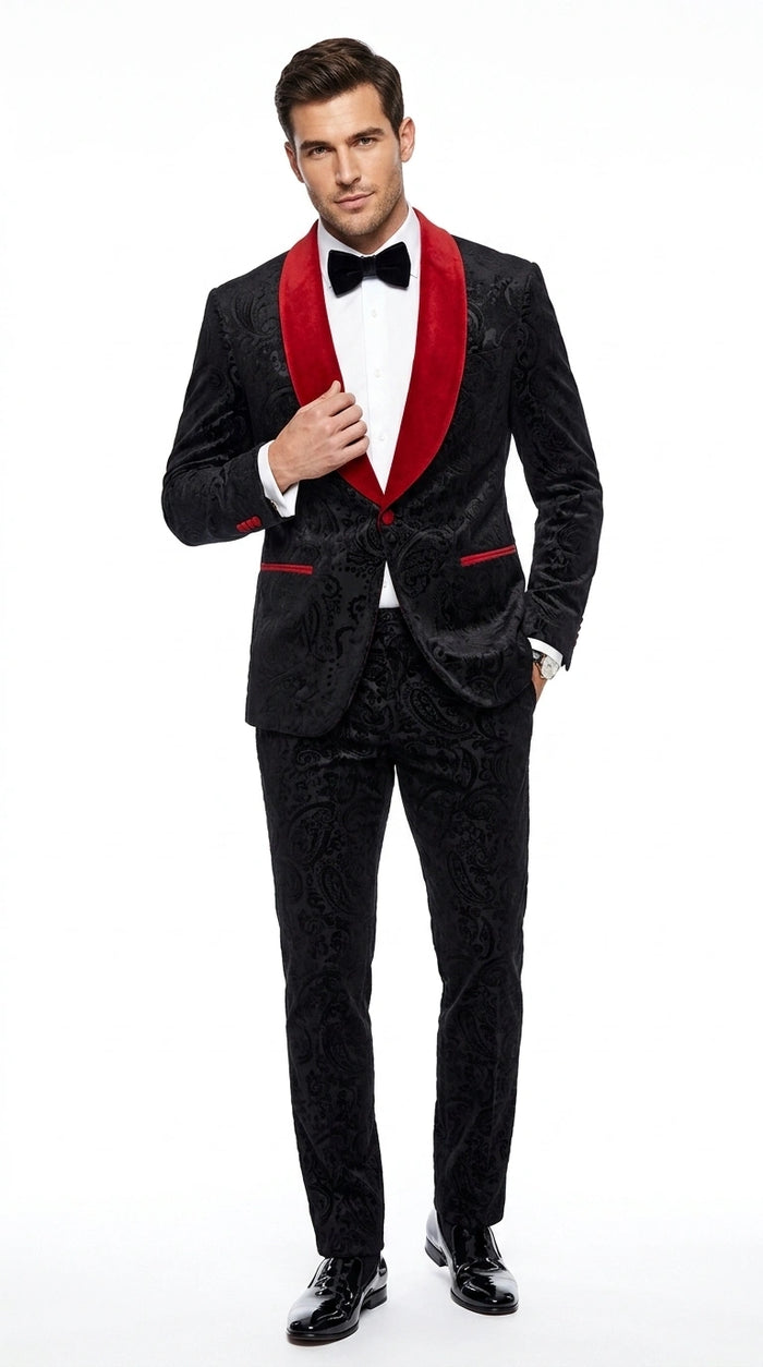 Men’s Black Paisley 2 Piece Suit with Red Shawl Lapel, Formal Wedding Prom Party Suit Set