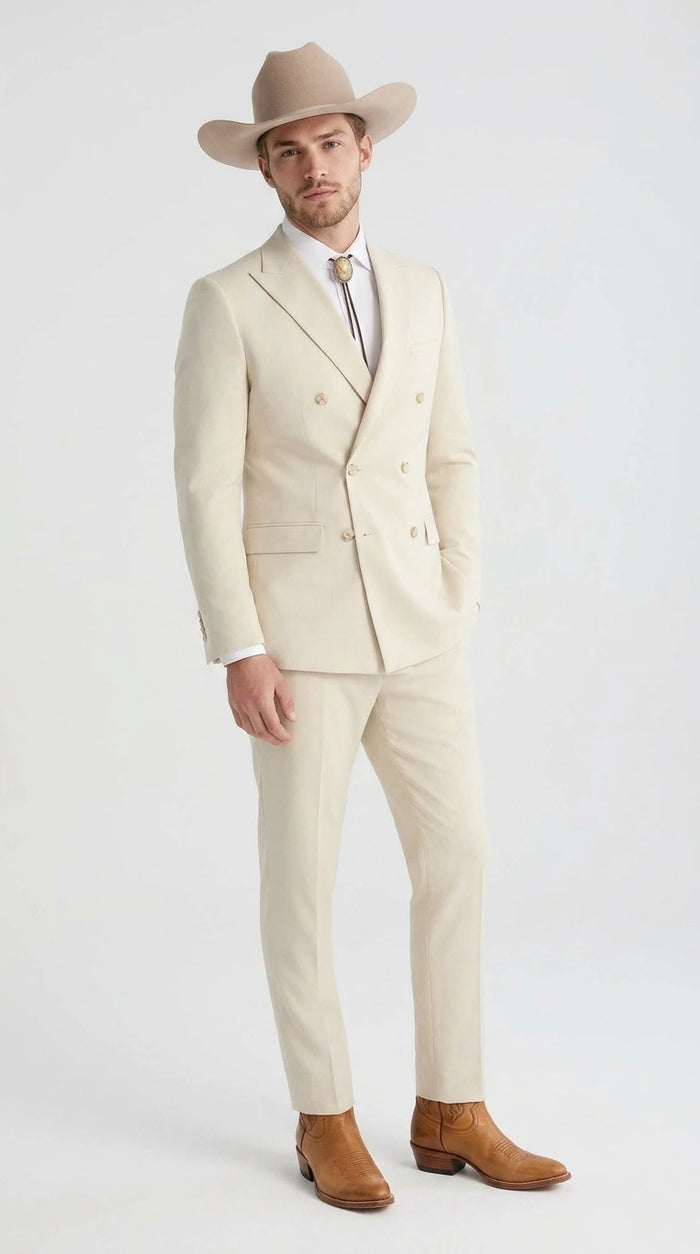Men’s Tan Linen Cowboy Suit, Double Breasted Western Wedding Formal Western Suit Country style in Beige Tan Color