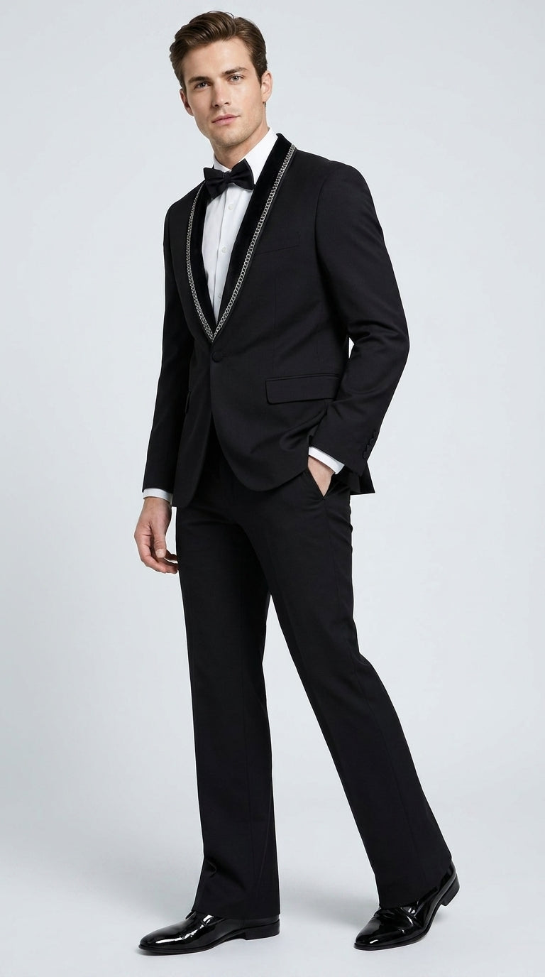 Men’s 1970s Style Black Boot Cut Tuxedo Suit – Shawl Lapel Wedding, Prom and Formal 2-Piece Suit - 34 Short or Extra Small