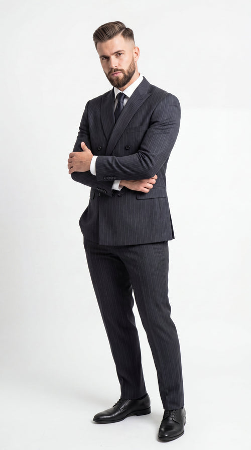 Men’s Black Pinstripe Double Breasted Suit – Classic Formal Business Suit Office and Evening Wear Modern Fit Conservative pattern