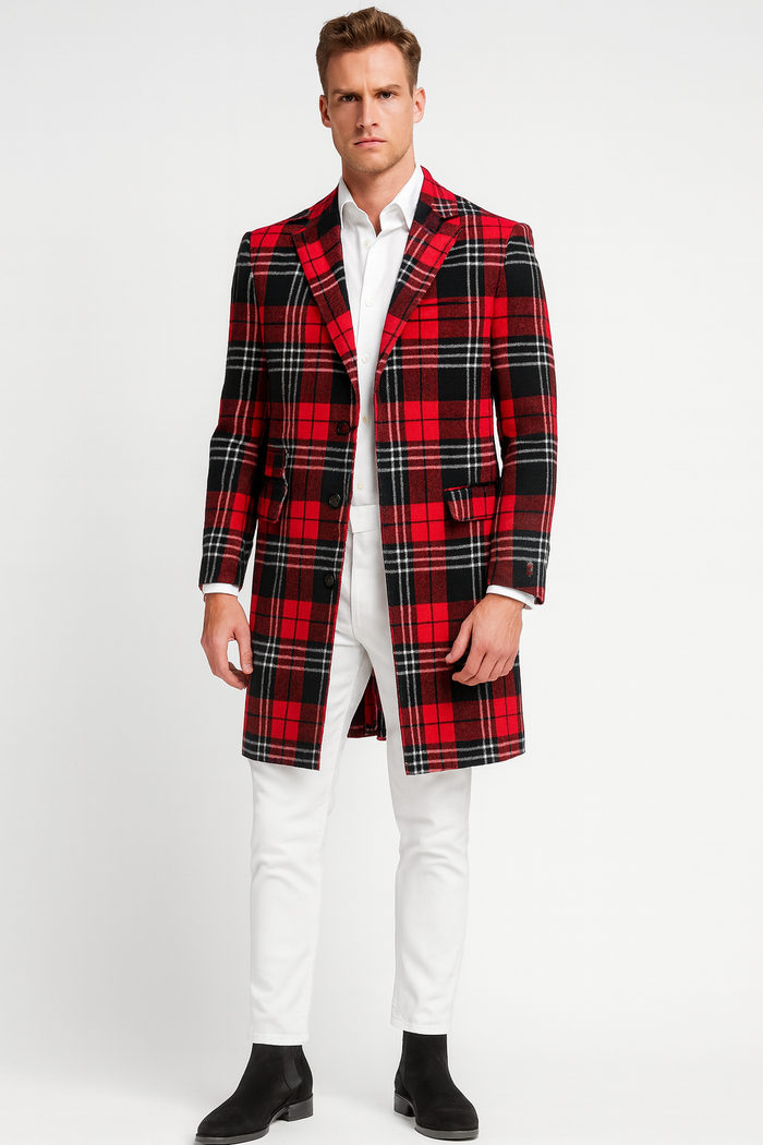 Mens Red Plaid Wool Overcoat Classic Tartan Check Long Coat for Stylish Winter Wear