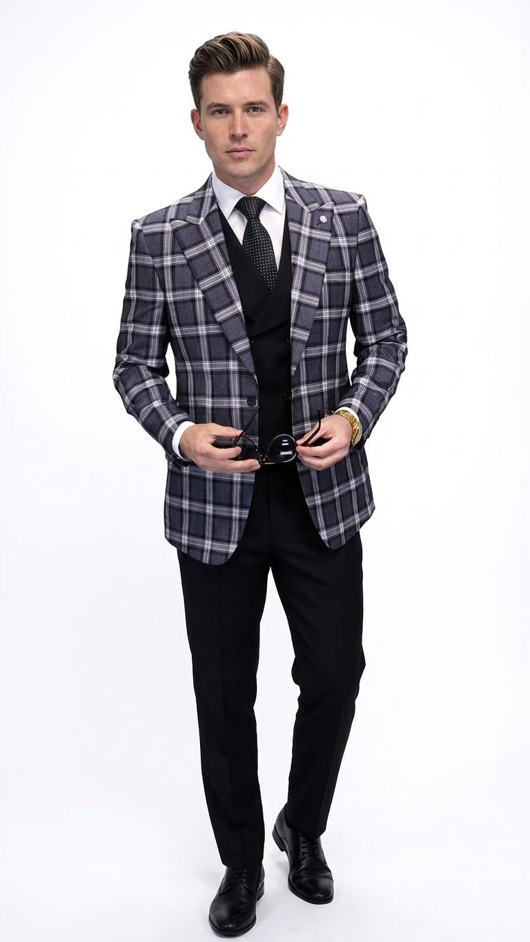 Men’s Big and Tall Charcoal Gray and Black Plaid Blazer – Grey Checker Windowpane Sport Coat - 36 Short