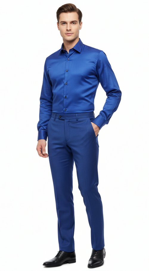 Mens Royal Blue Satin Dress Shirt Luxury Long Sleeve Formal Shirt for Parties, Weddings, and Business Wear
