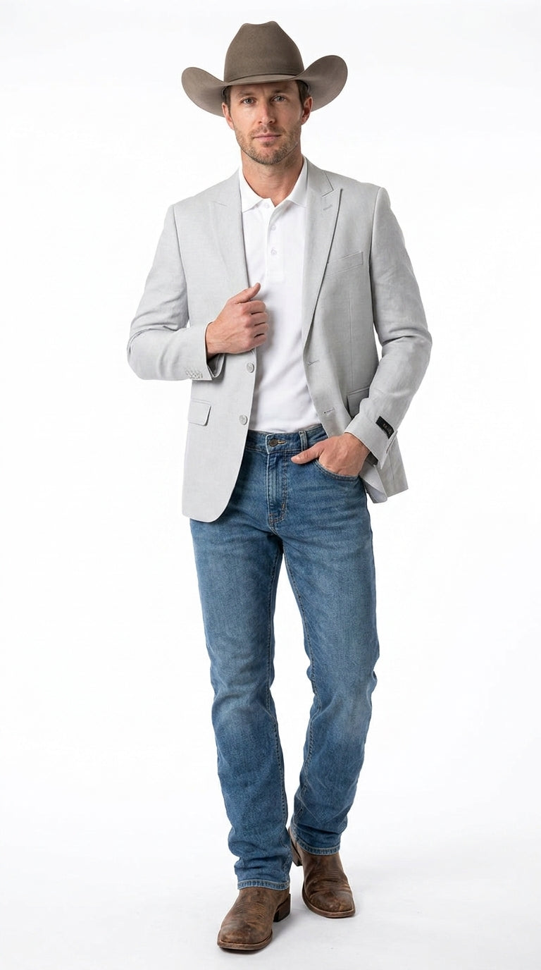 Men’s Very Light Grey - Linen Western Cowboy Blazer, Formal Sport Coat for Weddings, Parties, Country Events, and Casual Dress Wear in Ice Ash Color - 36 Short