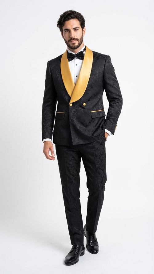 Mens Black and Gold Jacquard Tuxedo Suit Luxury Slim Fit Formal Wedding, Prom, and Gala Outfit