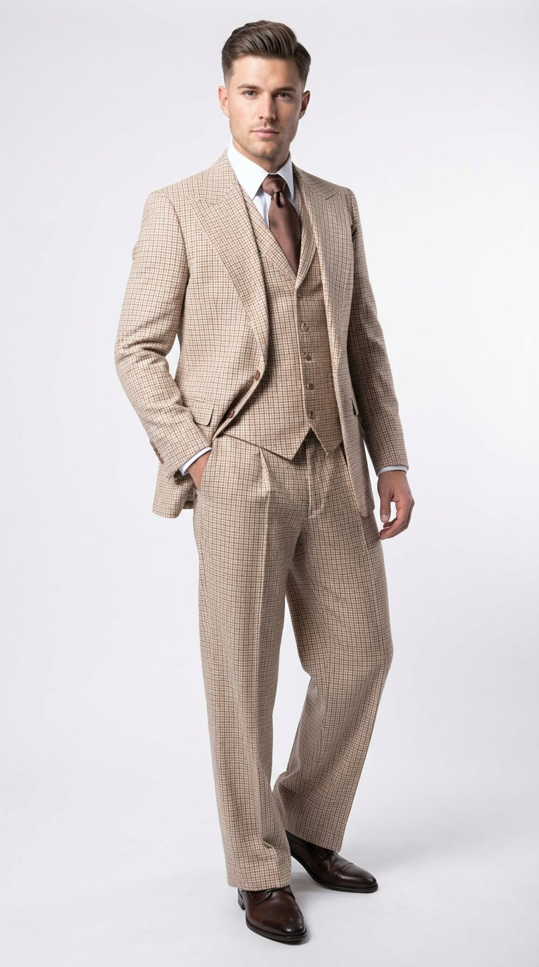 Men’s Beige tan Checkered Three Piece Suit with Classic Fit Wide Leg Pleated Pants by Rossiman khaki color - 34 Short or Extra Small