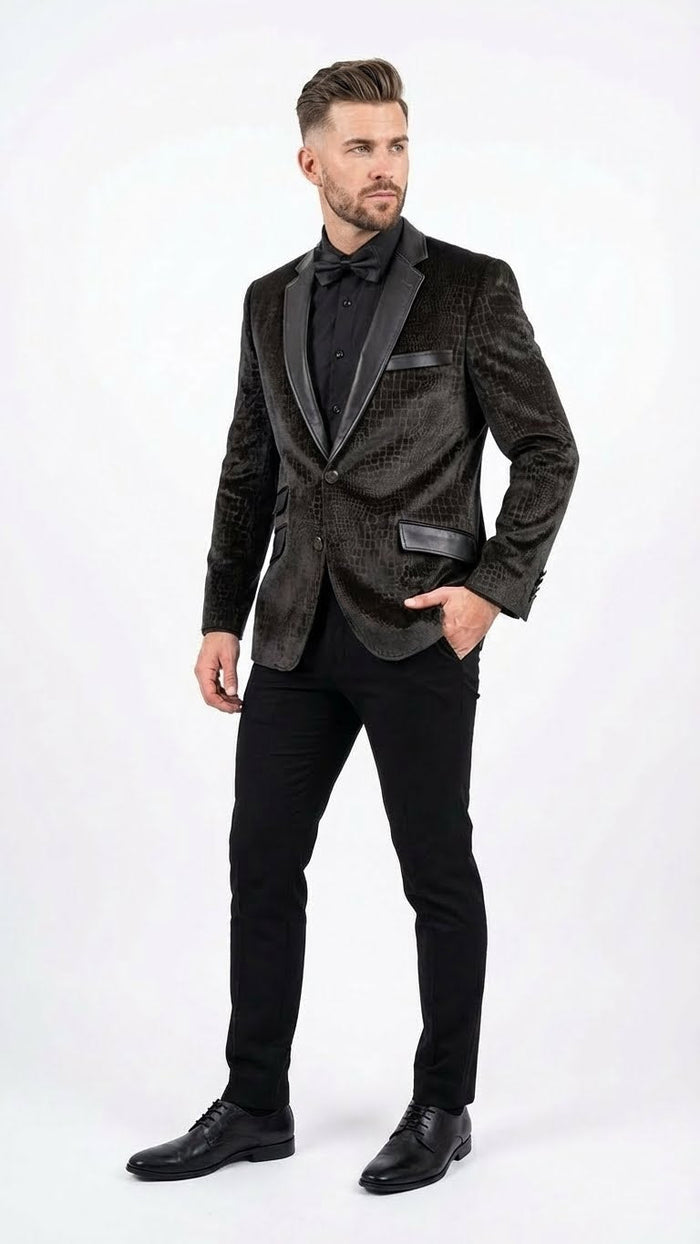 Mens Crocodile Alligator Exotic skin Texture Blazer Slim Fit Designer Jacket with Satin Lapels for Formal and Party Wear in Black Color