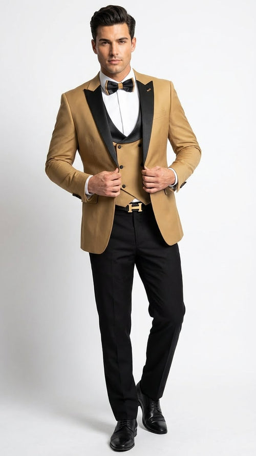 Men's Dark Camel Tan Khaki and Black Great Gatsby Tuxedo Suit Vintage 1920s Formal Wedding, Party and Event Wear