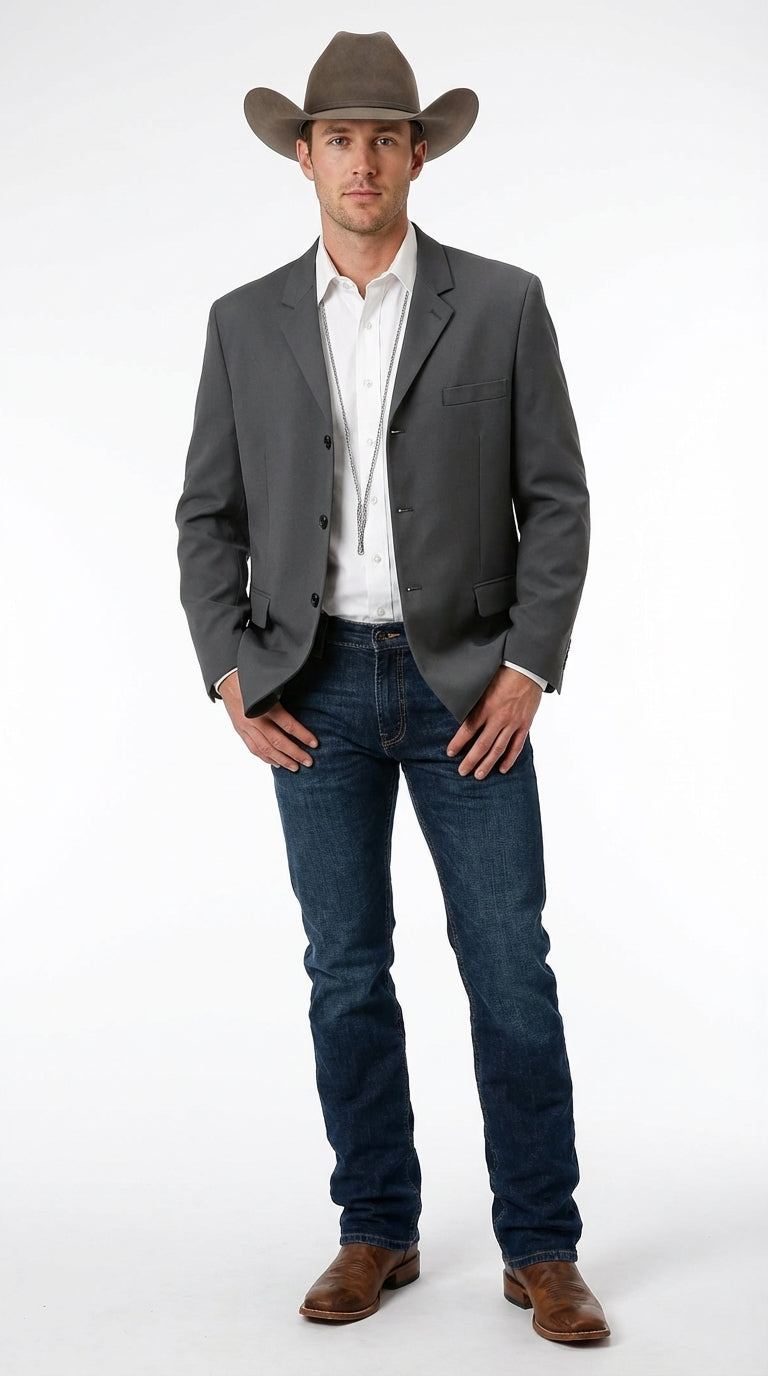 Mens Charcoal Grey Three Buttons Western Blazer – Classic Fit Cowboy Style Three Button Formal Dress Jacket - 34 Short