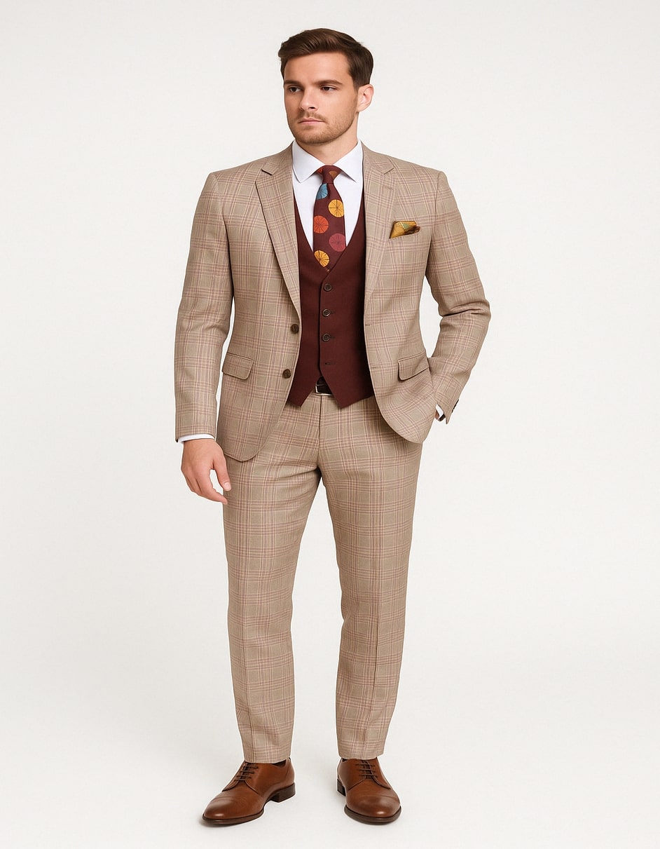 Men's Light Brown Plaid Suit with Burgundy Vest and Colorful Floral Tie â€“ 3 Piece Set - Taupe Windowpane Pattern - 34 Short or Extra Small
