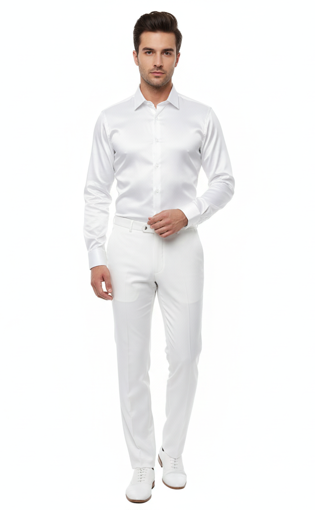 Men’s White Satin Dress Shirt – Classic Long Sleeve Formal Shirt for Weddings, Parties, and Business Wear - 15.5" Neck / 34–35" Sleeve